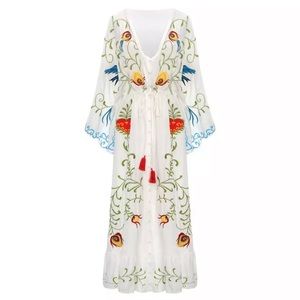 - Boho embroidered magic hearts kimono maxi gown dress white summer maxi dress